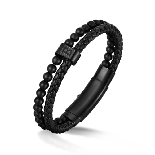 Initial Bracelet for Men Letter Handmade Natural Agate Stone Beaded Braided Black Leather Adjustable Cuff Meaningful Bracelets , Jewelry Gifts, Father's Day Gifts Matching Couple, 7.5-8.3 Inches - Image 1