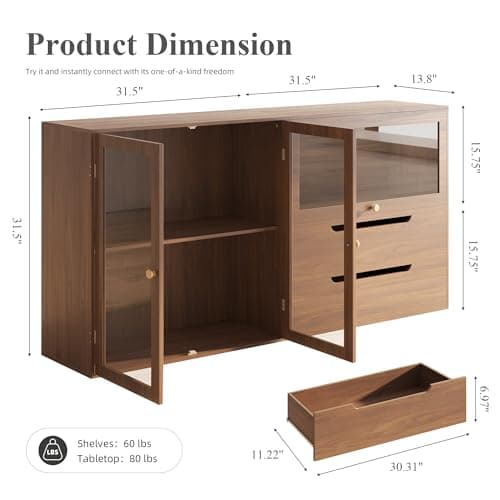 Easyego 63‘’Storage Cabinet,Sideboard Buffet Cabinet with Glass Doors and Drawers,Modern Wood Coffee Bar for Kitchen, Living Room,Dining Room，Entryway-Walnut - Thumbnail 2