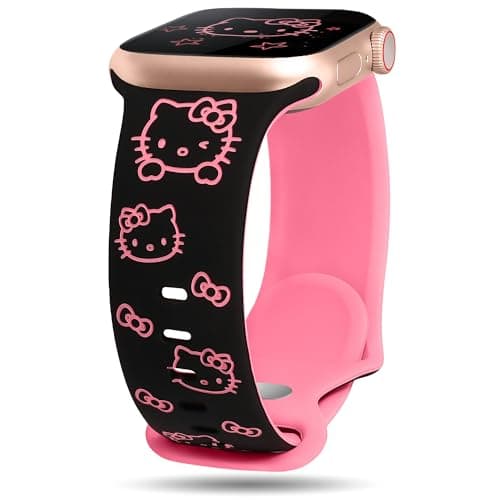 Girovo Cute Cat Engraved Band Compatible with Apple Watch Bands for Women 44/45/46/49/42mm, Funny Stylish Sport Soft Silicone Strap for iWatch Series 11 10 9 8 7 6 5 4 3 2 1 SE Ultra Black/Rose Pink - Image 1