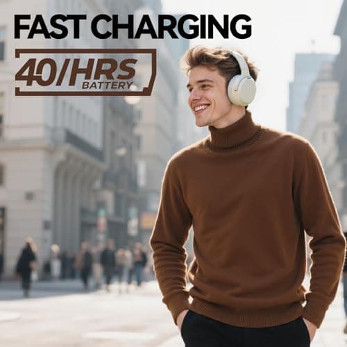 SunoFi Hybrid Active Noise Cancelling Headphones, Wireless Over Ear Bluetooth Headphones with Mic, 40H Playtime, Hi-Res Audio, Deep Bass, Foldable Comfort Fit Ear Cups for Travel, Office, Home (White) - Thumbnail 2