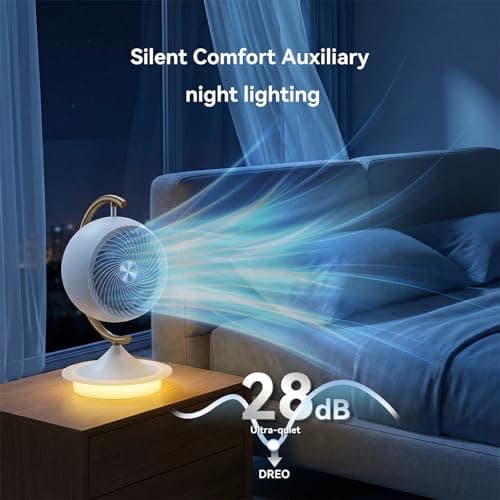 16In Fan for Bedroom with Light, Desk Air Circulator Fans with Ring Bracket, Oscillating Table Fan for Whole Room, 70° Vertical and 100° Oscillating, 3 Speeds, 28dB Quiet, for Home,Office,Outdoor - Thumbnail 2