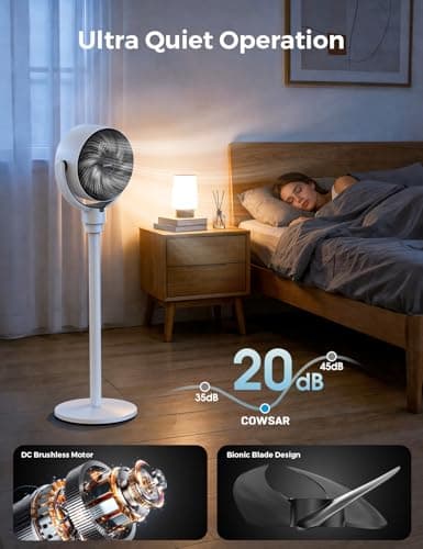 COWSAR Standing Fan for Bedroom, 20dB Quiet Pedestal Fan, 150°+120°Auto Oscillation Floor Fan with Remote, 6 Speeds 3 Modes, 7H Timer, DC Motor, 2 Heights, Whole Room Air Circulator Fan, White - Thumbnail 4