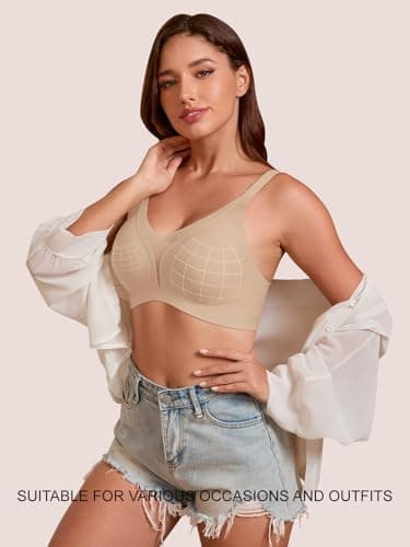 COCOMARTS Jelly Bras for Women No Underwire Push Up Deep V Mesh Comfort T Shirt Bralette Wireless Seamless Everyday Bra Nude XX-Large - Thumbnail 6