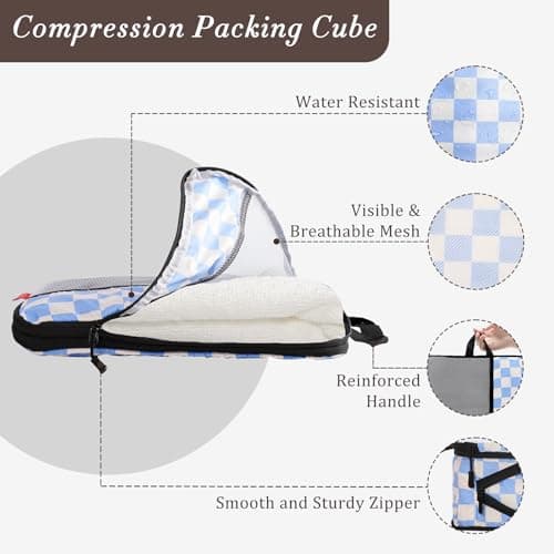 U+U 10 Set Compression Packing Cubes - Ultralight Travel Organizers with Laundry Bag and Cosmetic Bag, Space-Saving Suitcase Organizer for Travel, Business Trip and Family Vacation (Blue Checkered) - Thumbnail 2