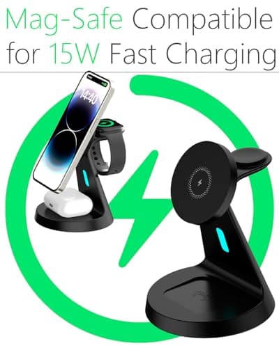 Wireless Charger Compatible with Mag-Safe,3 in 1 Charging Station for iPhone17/16/15/14/13/12 Series, Apple Watch,AirPods,15W Fast Charging (USB-C Adapter Included) - Thumbnail 5