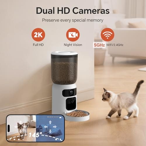 Centvicam Automatic Cat Feeder with Movable Camera: 5G WiFi Automatic Dog Feeder with Two-way Audio,Cat Food Dispenser with Night Vision for Multiple Pet, Detachable for Easy Clean -24 Cup -6L Storage - Thumbnail 2