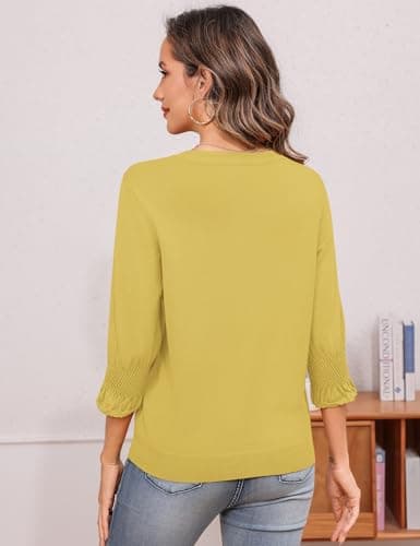 Totatuit Womens 3/4 Sleeve Sweaters Ladies Elegant Crew Neck Lightweight Knit Casual Business Tops Shirts Yellow XX-Large - Thumbnail 3