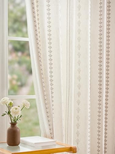 THREE GIRLS Pinch Pleated Taupe Floral Block Print Curtains 108 Inches Long, Vintage Boho Linen Blend Drapes for Bedroom Living Room, 2 Panels Set - Image 1