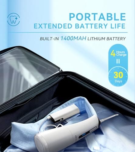 Water Dental Flosser Pick for Teeth, Portable Cordless Oral Irrigator with 4 Pressure Modes, 300ML Water Tank, IPX7 Waterproof, 6 Jet Tips, Storage Bag for Gums, Braces(White) - Thumbnail 6