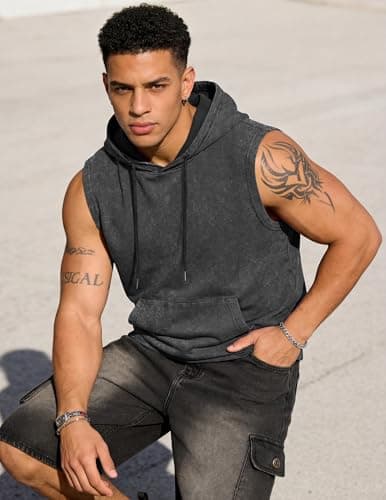 JMIERR Mens Cotton Sleeveless Hoodie Tank Top Regular Fit Muscle Workout Gym Streetwear Shirt Black - Thumbnail 5