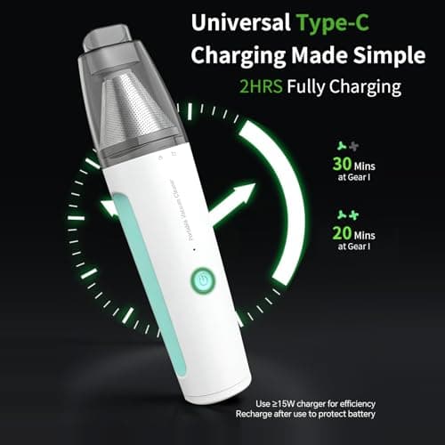 PEGOVO Car Vacuum, Handheld Vacuum Cordless 20000Pa Suction with 2 Suction Modes, 2-in-1 Portable Mini Car Vacuum Cleaner Cordless Vacuum Rechargeable Type-C Charge for Car, Desk, Keyboards（Green - Thumbnail 3