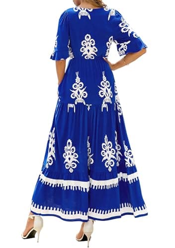 BTFBM Womens Summer Dresses 2026 Spring Casual Short Sleeve v Neck Boho Floral Flowy A-Line Tiered Maxi Dress Pockets(Floral Blue White, Medium) - Thumbnail 3