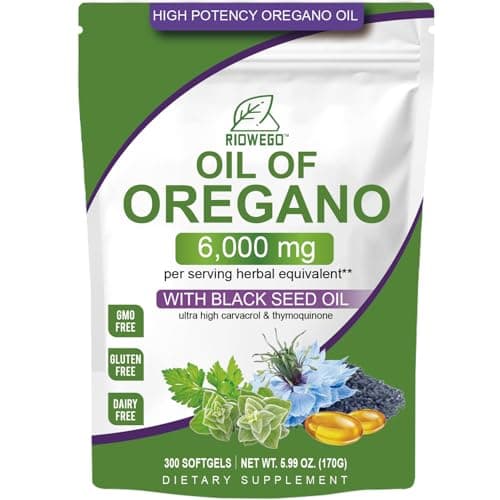 RIOWEGO Oil of Oregano Softgels with Black Seed Oil, 6000mg High Potency Oregano Oil Capsules for Immune Support, Gut Function Support, Carvacrol & Thymoquinone, Non-GMO, Gluten Free, 300 Softgels - Image 1