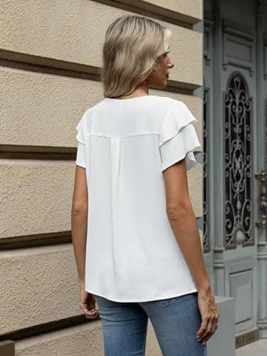 Funlingo Womens Dressy Casual Blouses Summer Ruffle Short Sleeve Tops Crew Neck Pleated Front Shirts Business Casual Outfits 2026 White M - Thumbnail 5