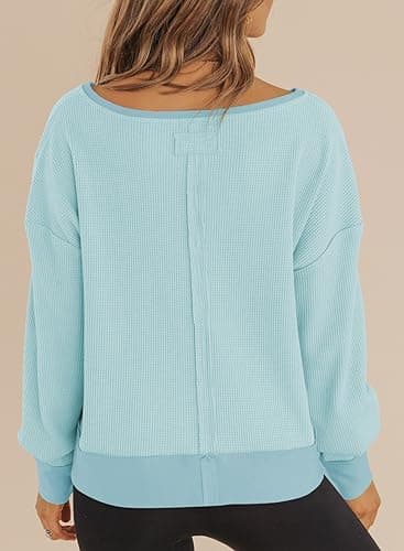 Dokotoo Cropped Sweaters for Women 2025 Spring Tops Long Sleeve Waffle Knit Tops Trendy Cute Crop Sweatshirt Tops Pullover Soft Oversized Sweater Sky Blue Sweaters for Women S - Thumbnail 4