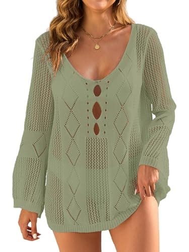 VIAURBE Women Bathing Suit Cover Ups Long Sleeve Sexy Crochet Beach Cover Up Knit Summer Swimsuit Coverup Cut Out Mini Dress Light Green 2XL