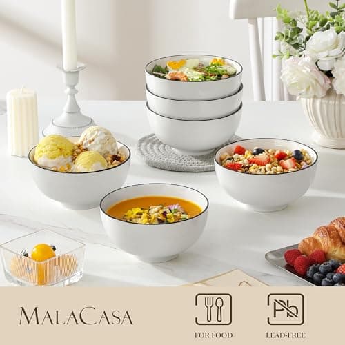 MALACASA Porcelain Soup Bowls, White Ceramic Cereal Bowls for Kitchen, Dishwasher and Microwave Safe, Series Regular 26Oz - Thumbnail 3