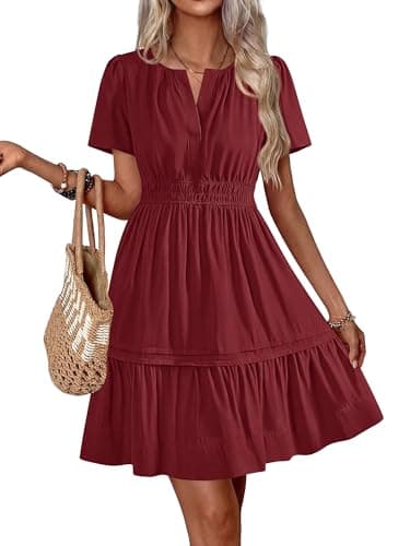 BTFBM Summer Dresses for Women 2026 Casual Boho Sundress Short Sleeve V Neck Ruffle A Line Beach Vacation Mini Dress(Wine Red, XX-Large) - Image 1