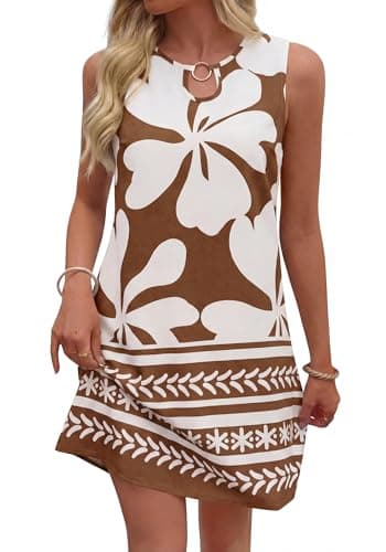 BTFBM Casual Summer Dresses for Women 2026 Spring Sleeveless Boho Floral Tank Mini Sun Dress Beach Vacation Sundresses(Floral White Khaki, Small) - Image 1