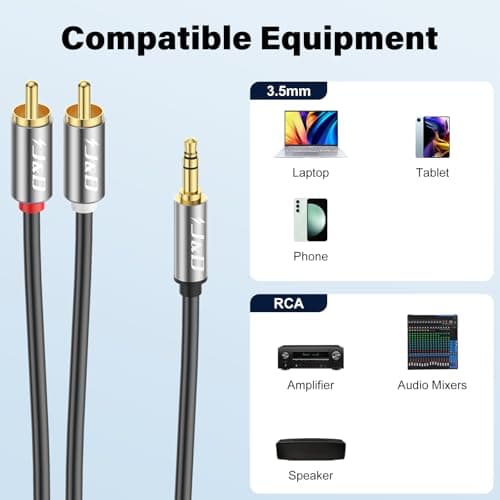 J&D 3.5mm Male to 2 RCA Phono Male Stereo Audio Cable, Aluminum Alloy Shell Gold-Plated RCA Audio Adapter Aux Cable, Grey, 15 Feet - Thumbnail 4