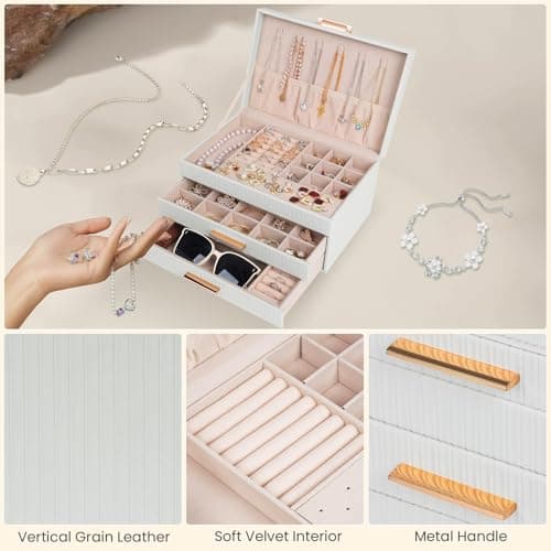 Dajasan Jewelry Box Organizer, 3-Tier Large Jewelry Storage Organizer with 2 Drawers, Space-Saving Jewelry Boxes for Women, PU Leather Surface with Texture, Gift Idea, Modern Style (White) - Thumbnail 4