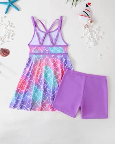 sweetabby Girls Swimsuit Toddler Bathing Suit Purple Mermaid Swimsuit Girl Cover Up Swim Dress with Shorts 2 Piece Tankini Set Kids Swimwear Size 6 7 - Thumbnail 3