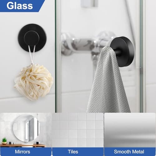 Suction Cup Hooks for Bathroom Kitchen, 2 Pack Stainless Steel Suction Hooks for Shower No Drilling Damage Free Towel Hook Holders Reusable Removable for Hanging Towels, Loofah, Robe, Coat(Black) - Thumbnail 4