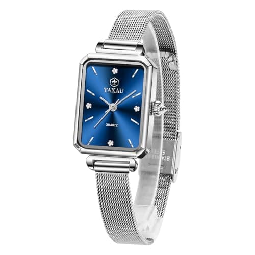 Taxau Watches for Women, Ladies Watches Small Silver Mesh Band Blue Face Dress Waterproof Analog Quartz Woman Watch Rectangular Small Face Luxury Fashion Relojes para Mujer - Image 1