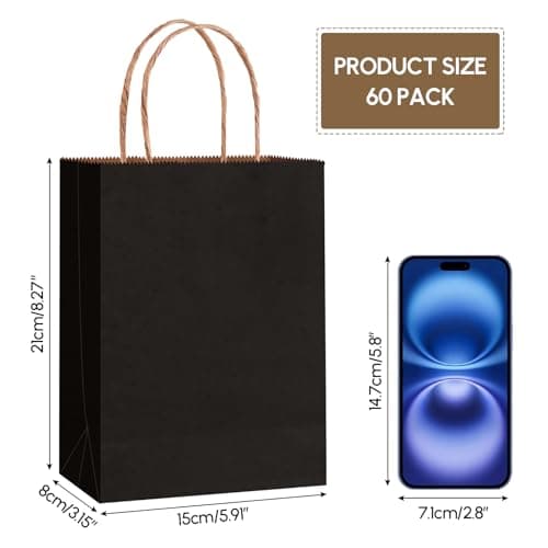 Qioxiou 60 Pack Black Gift Bags 5.91x3.15x8.27 Small Kraft Paper Gift Bags with Handles Bulk, Black Paper Sacks for Small Business, Retail, Shopping, Merchandise, Grocery, Wedding Birthday Party Favor - Thumbnail 2