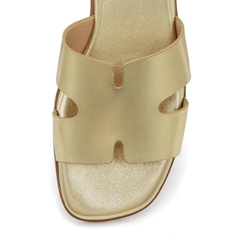 Rihero Women's Dressy Flat Sandals Comfortable Slip On Leather Slide Gold Sandals - Thumbnail 6