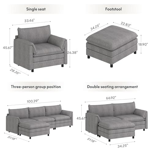FLEXISPOT SF6 Cloud Sectional Couch for Living Room with Reversible Ottoman, 100.4" L-Shaped Modular Sectional Sofa with Storage, 3-Seater Comfy Sofa Couch for Apartment, Chenille Gray - Thumbnail 2