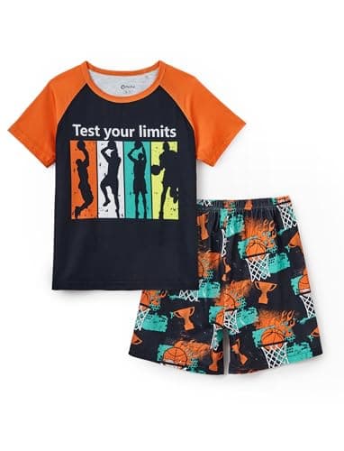 PATPAT Boys Pajamas Sets Round Neck Tops and Shorts Pjs Cute Printing 2 Pcs Sleepwear Kids Cusual Summer Lounge Wear Orange Basketsball 7 Years - Image 1