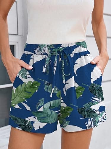 Heymoments Women's Wide Leg Shorts Lightweight Tropical Leaf XX-Large High Waisted Flowy DressyLoose Fit Summer Ladies Cute Beach Trousers with Pockets - Thumbnail 3