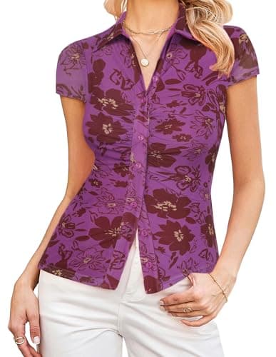 GRACE KARIN Women Mesh Boho Tops Dressy Casual, Floral Short Sleeve Button Down Blouses Collared Outfit Purple Floral XL - Image 1