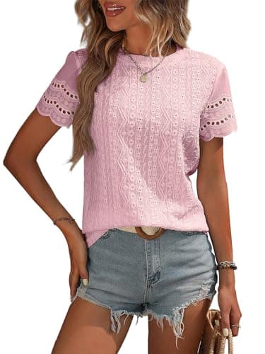 RICHSTORY Summer Tops for Women 2026 Casual Crewneck Short Sleeve Shirts Cute Ladies Top Comfy Spring Dressy Blouses Women's Clothing Pink XX-Large - Image 1