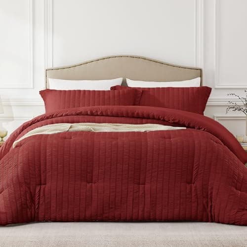 Quataly Queen Comforter Set Dark Red,3PCS Seersucker Lightweight Bedding Comforter for All Season, Queen Size(90''×90'' Comforter & 2 Pillowcases)