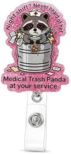 Retractable Badge Reel with Alligator Clip, Heavy Duty, Cute Funny ID Name Tag Holder for Nurses, Doctors, Teachers, and Office (Pink-Medical Trash Panda)