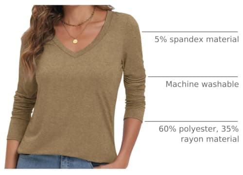ATHMILE Womens 2026 Fall Long Sleeve Shirts Basic Apparel Shirts Trendy V Neck Tshirt for Women Plus Size Curved Hem Tops - Thumbnail 4