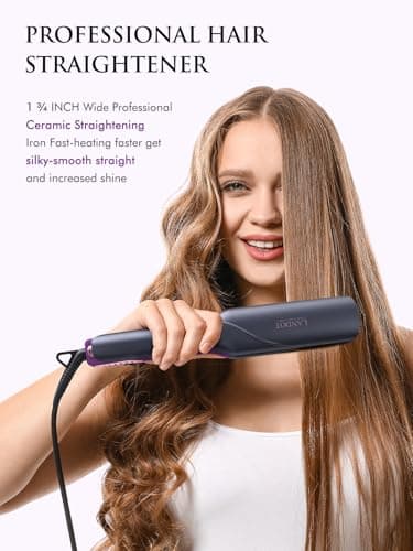 LANDOT Wide Flat Iron Hair Straightener for Fast Styling Thick/Long/Coarse Hair: 1-3/4 Inch Ceramic Straightener for Less Frizz, Smoother Shinier Results - Dual Voltage & 12 Temp Setting 250-450F - Thumbnail 2