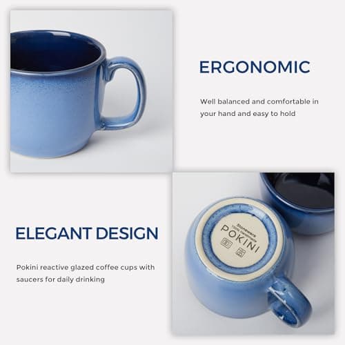 Pokini Stoneware Coffee Cups with Saucers, 6 Oz Cappuccino Cups Set of 4, Microwave & Dishwasher Safe, Perfect For Tea, Espresso, Latte, Ceramic Mugs for Kitchen or Cafe, Light Blue - Thumbnail 3