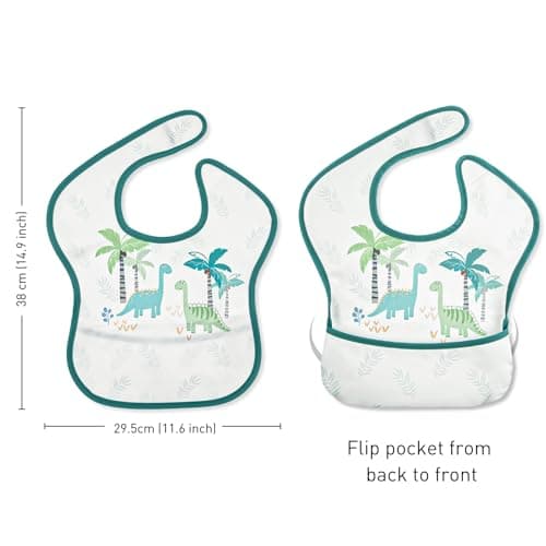 CIVARUA KIDS 3-Pack Waterproof Baby Bibs for Eating - Mess Proof Lightweight Toddler Feeding Bibs with Large Food Catcher, Food-Grade Baby Eating Essentials, Easy to Put On & Clean(Blue Dinosaur) - Thumbnail 5