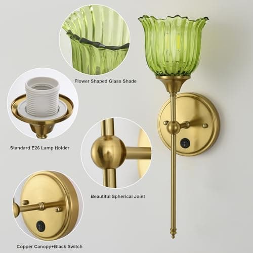 BOXCUPIN Modern Wall Sconces Set of 2 with Green Flower Glass Shade, Mid Century Bathroom Vanity Wall Light Fixtures Gold Vintage Wall Lights with Switch for Mirror Bedroom Living Room - Thumbnail 3