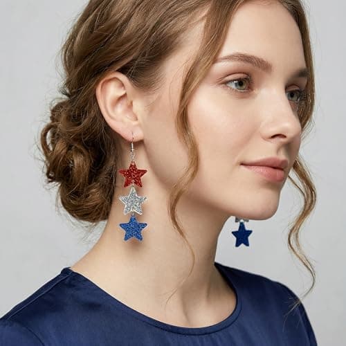 4th of July Outfits for Women - Patriotic Glitter Star Earring for 250 Anniversary - Fourth of July Accessories Shirts Outfits | Memorial Day Decorations for Women Girls - Thumbnail 3