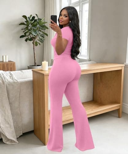ABKY Two Piece Sets For Women Summer Ribbed Short Sleeve V Neck Polo Top Wide Leg Pants Set Casual Tracksuit Brunch Outfits Pink M - Thumbnail 4