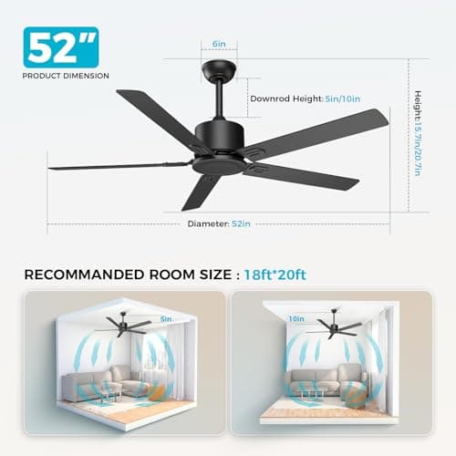 Obabala Outdoor Ceiling Fan No Light, 52'' Black Ceiling Fan with Remote, Noiseless, Reversible, 5 Blades for Patio/Living Room/Bedroom - Thumbnail 4