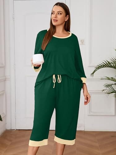 AusLook Women’s Plus Size Pajama Sets Dark Green 1X Soft 3/4 Sleeve Nightwear Top and Capri Pants Lounge Set with Pockets - Thumbnail 3