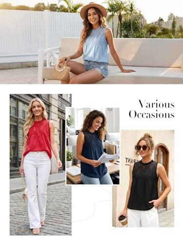 Funlingo Lace Tops for Women Poplin Mesh Cute Blouses Dressy Casual Sleeveless Flared Swing Tank Top Crew Neck Shirt Intricate Back Design Navy Blue S - Thumbnail 6