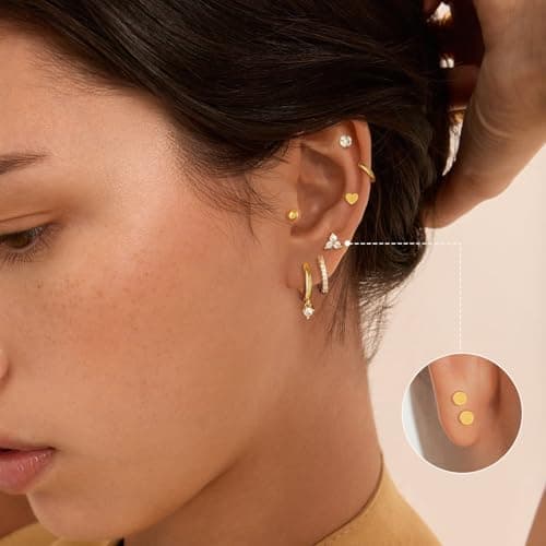 adoyi Gold Hoop Earrings Set for Women Hypoallergenic Flat Back Earrings for Sensitive Ears 14K Gold Plated Surgical Steel Studs Hoops Small Cartilage Earring Lightweight Jewelry Gifts - Thumbnail 4