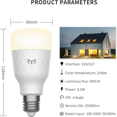 YEELIGHT Smart Light Bulbs, Warm White Dimmable LED Light Bulb 60W Equivalent, 900LM, E26, 2700K, Timing Function, WiFi & Bluetooth LED Bulbs, APP Control Work with Alexa and Google Assistant, 1 Pack - Thumbnail 2