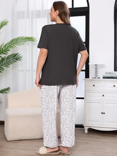 AusLook Plus Women Pajamas Set 2 Piece Lounge Sets Short Sleeve Top and Full Length Pant Chest Pocket Matching Maternity Christmas Print Ditsy Floral 5X Pjs Loungewear Sleepwear - Thumbnail 6